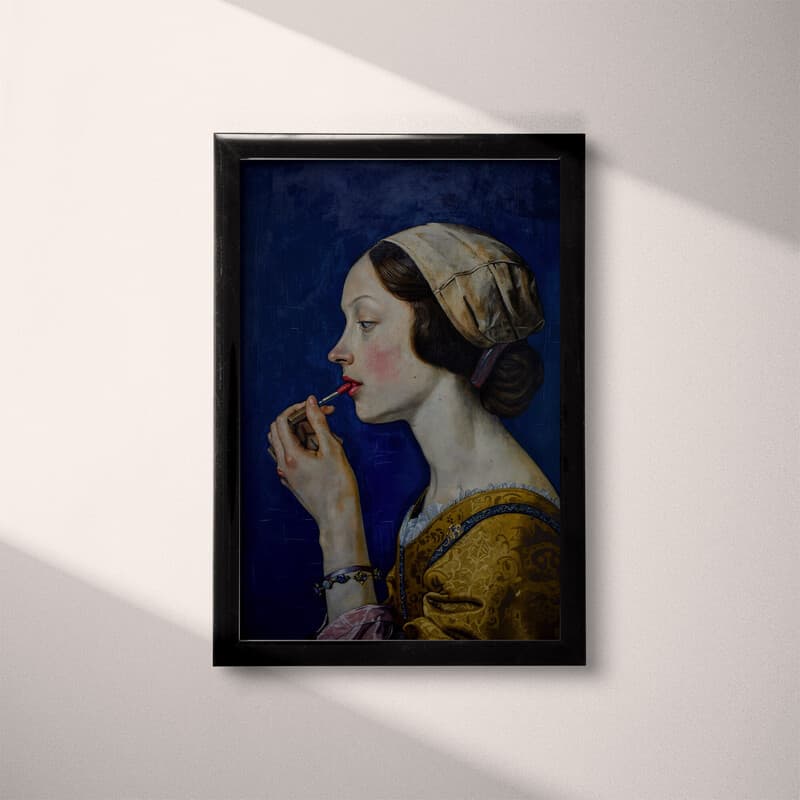 Full frame view of A vintage oil painting, a woman putting on lipstick, dark blue wall
