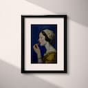 Matted frame view of A vintage oil painting, a woman putting on lipstick, dark blue wall