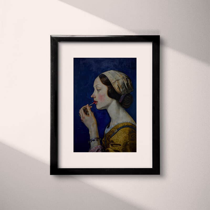 Matted frame view of A vintage oil painting, a woman putting on lipstick, dark blue wall