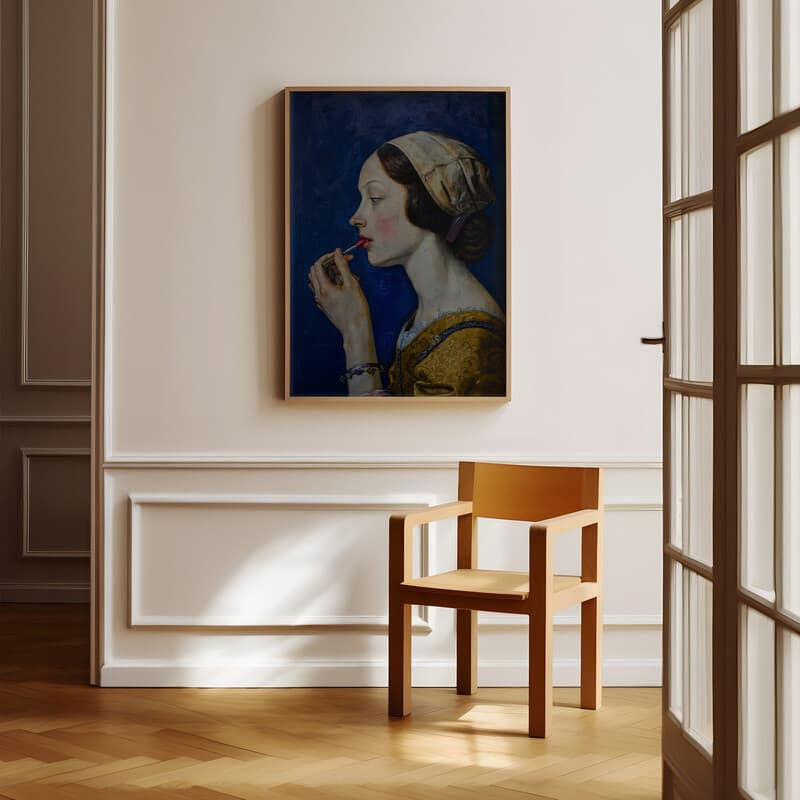 Room view with a full frame of A vintage oil painting, a woman putting on lipstick, dark blue wall