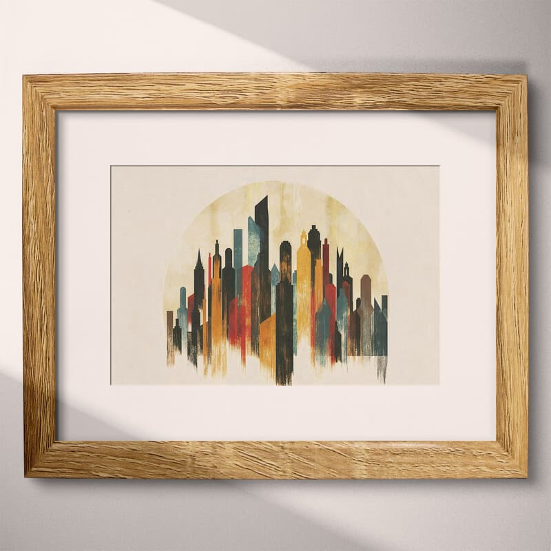 Matted frame view of An abstract bohemian pastel pencil illustration, a city skyline