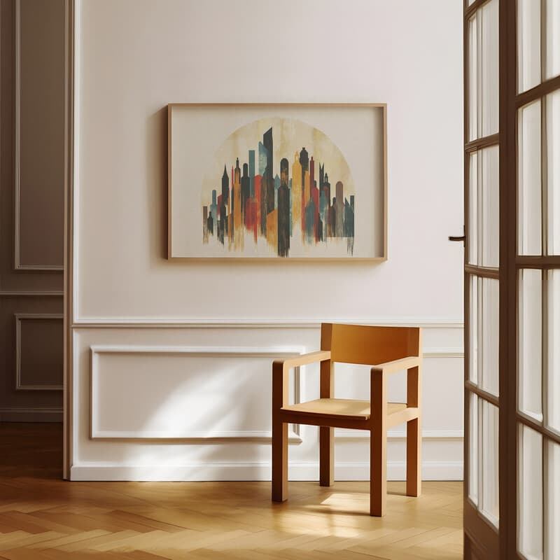 Room view with a full frame of An abstract bohemian pastel pencil illustration, a city skyline