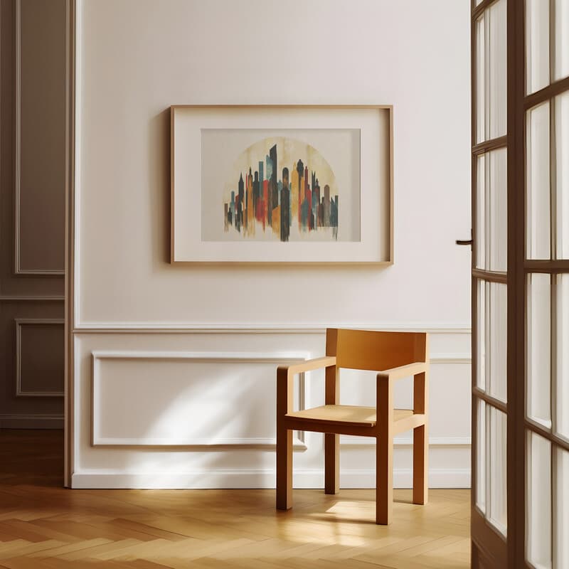 Room view with a matted frame of An abstract bohemian pastel pencil illustration, a city skyline