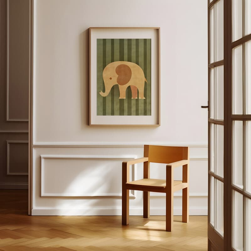 Room view with a matted frame of A cute simple illustration with simple shapes, an elephant