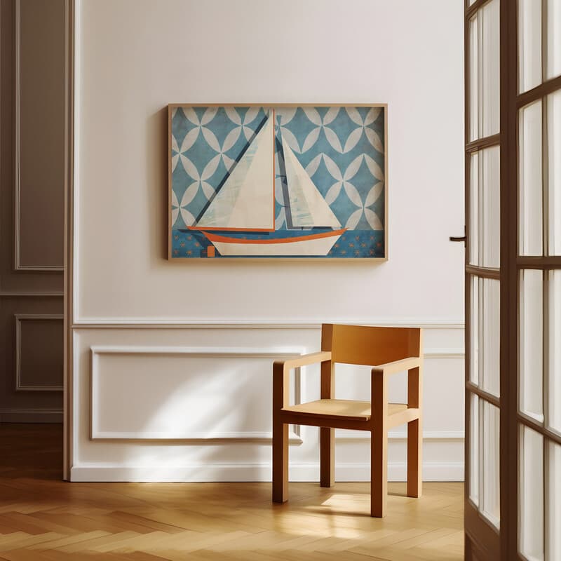 Room view with a full frame of A cute simple illustration with simple shapes, a sailboat