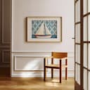 Room view with a matted frame of A cute simple illustration with simple shapes, a sailboat