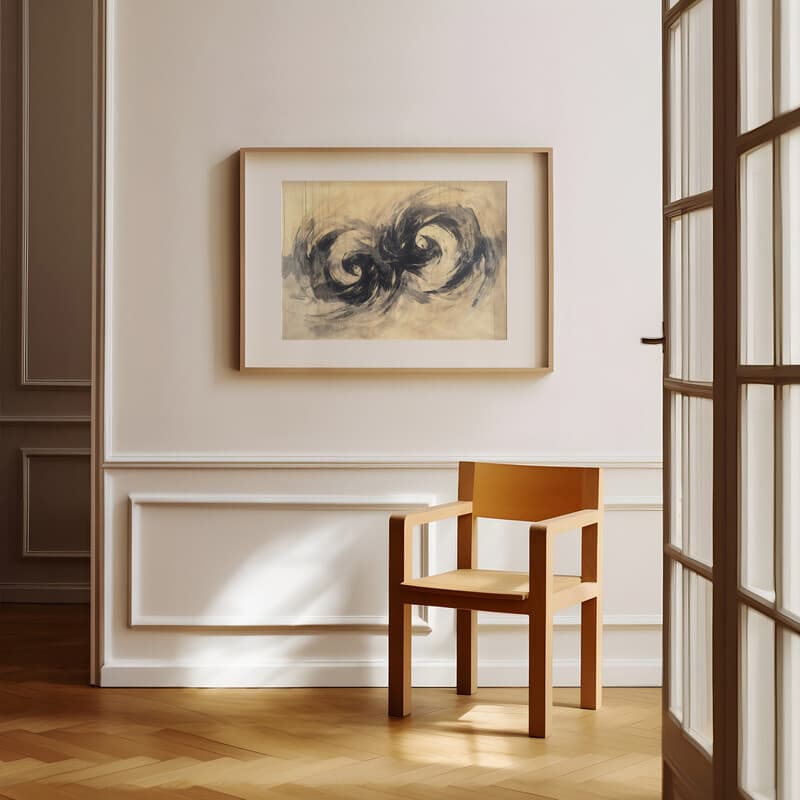 Room view with a matted frame of A japandi graphite sketch, a tornado