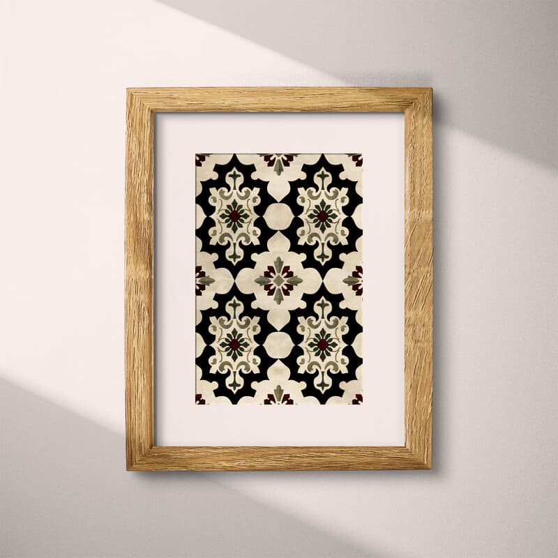 Matted frame view of An industrial textile print, symmetric geometric pattern