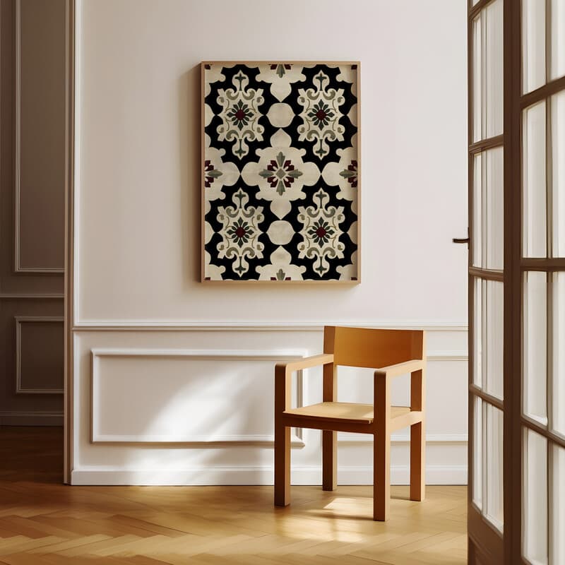 Room view with a full frame of An industrial textile print, symmetric geometric pattern