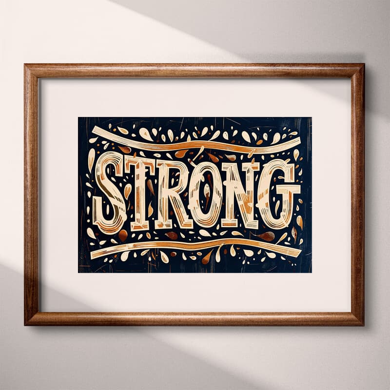 Matted frame view of A retro linocut print, the word "STRONG"
