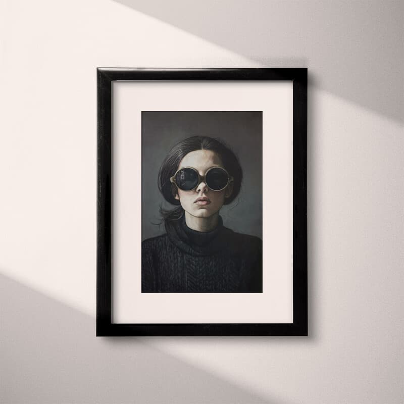 Matted frame view of A contemporary pastel pencil illustration, a woman wearing sunglasses