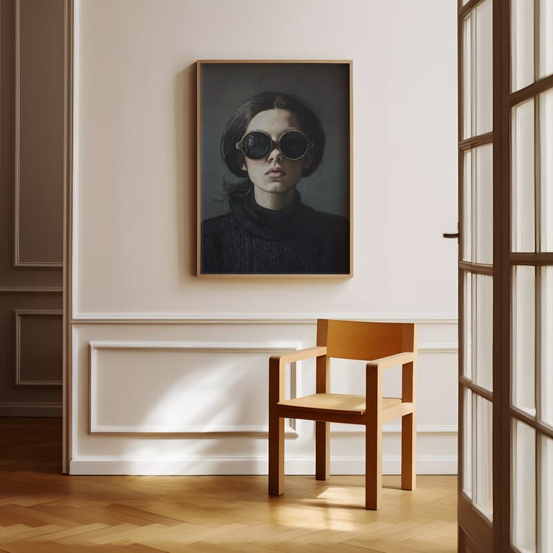 Room view with a full frame of A contemporary pastel pencil illustration, a woman wearing sunglasses