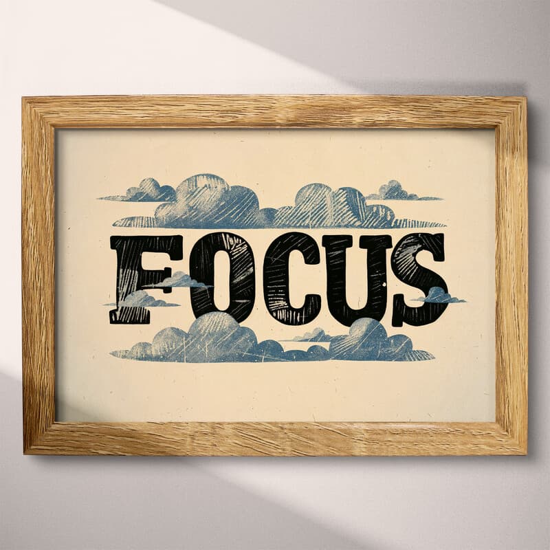 Full frame view of A vintage linocut print, the word "FOCUS" with clouds