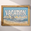 Full frame view of A vintage linocut print, the word "VACATION" with a beach