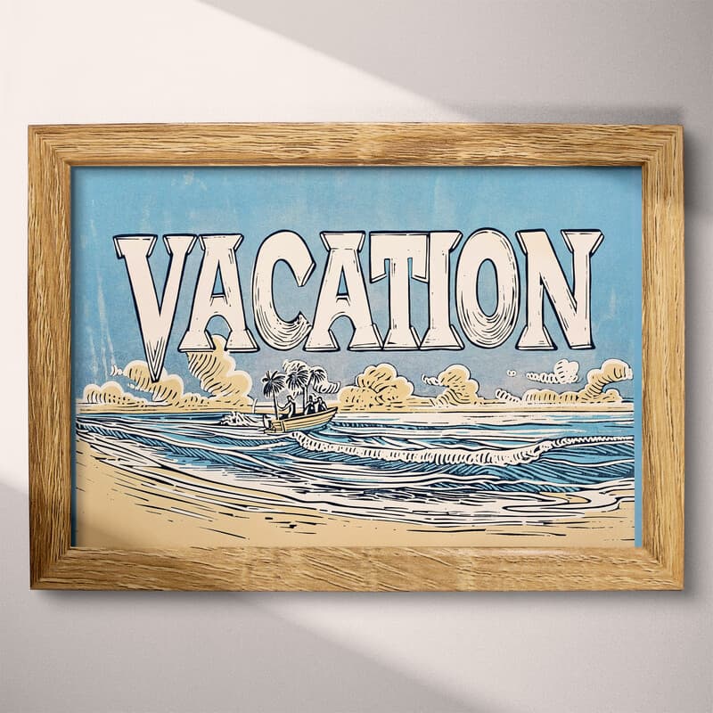 Full frame view of A vintage linocut print, the word "VACATION" with a beach