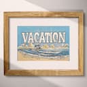Matted frame view of A vintage linocut print, the word "VACATION" with a beach