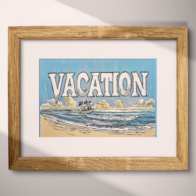 Matted frame view of A vintage linocut print, the word "VACATION" with a beach