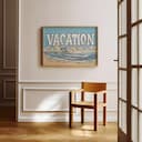 Room view with a full frame of A vintage linocut print, the word "VACATION" with a beach