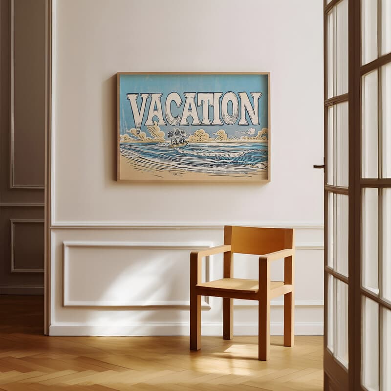 Room view with a full frame of A vintage linocut print, the word "VACATION" with a beach