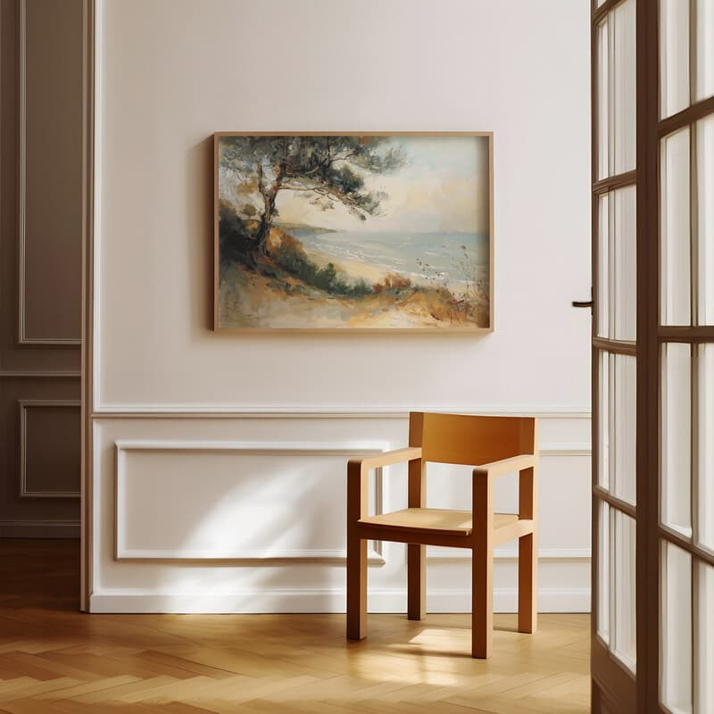 Room view with a full frame of An impressionist oil painting, a tranquil beach
