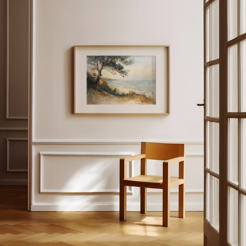 Room view with a matted frame of An impressionist oil painting, a tranquil beach