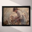 Full frame view of A farmhouse oil painting, a woman milking a cow