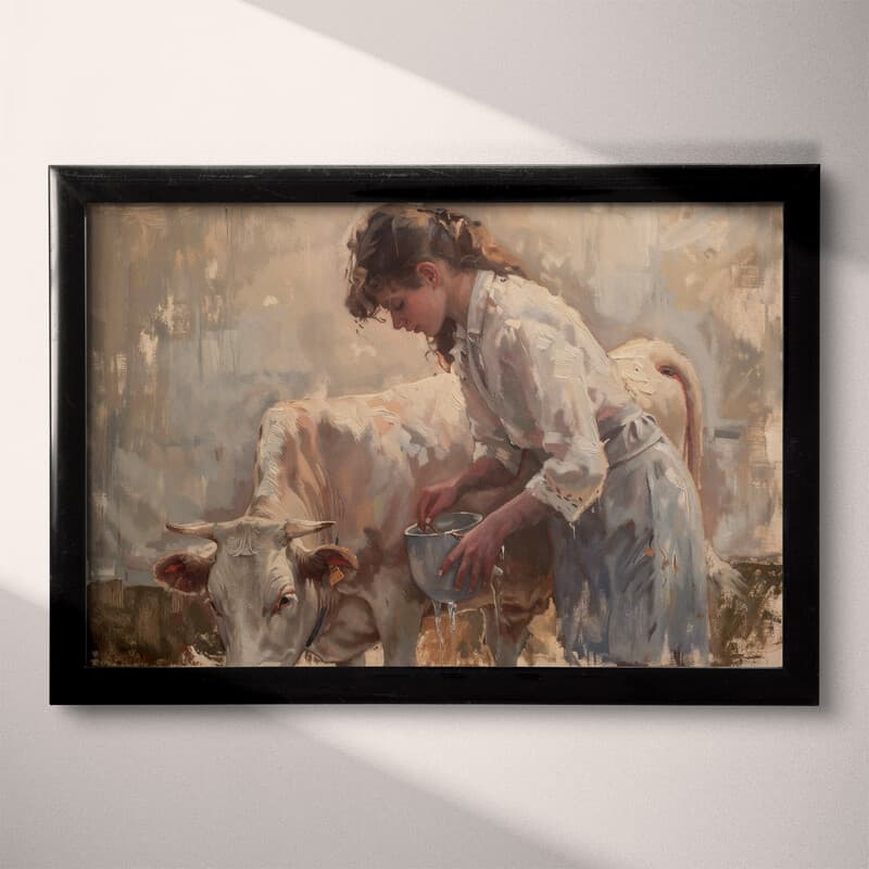 Full frame view of A farmhouse oil painting, a woman milking a cow