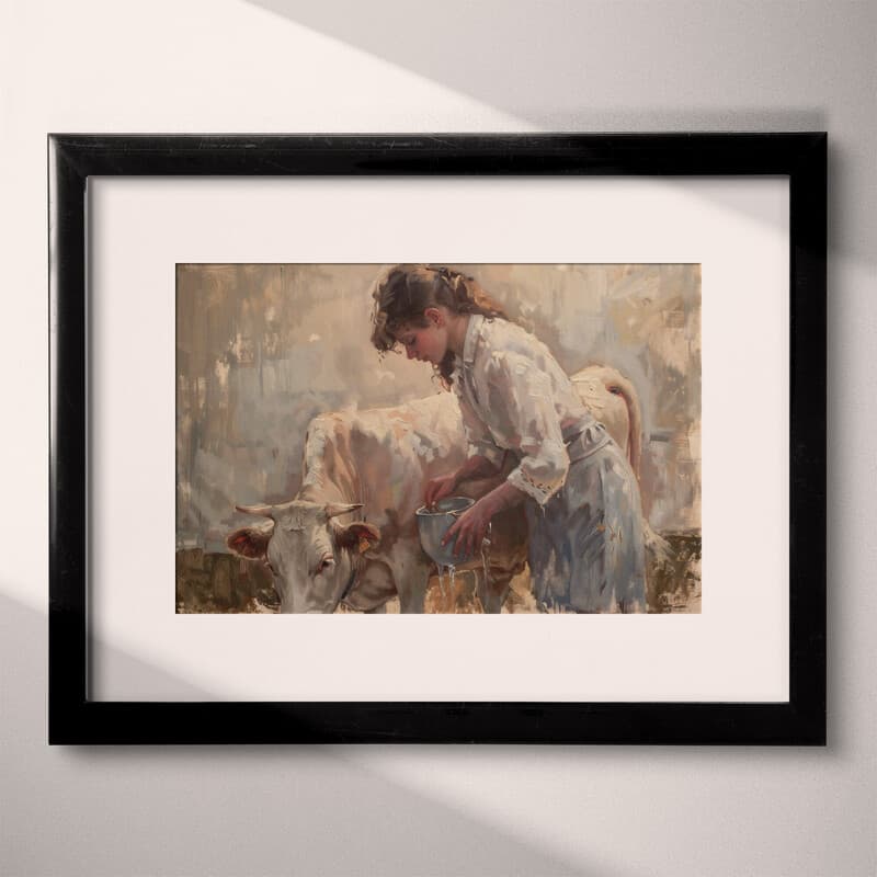 Matted frame view of A farmhouse oil painting, a woman milking a cow