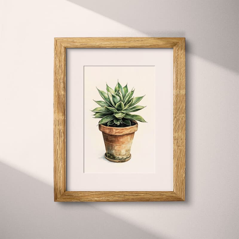 Matted frame view of A botanical pastel pencil illustration, a potted plant