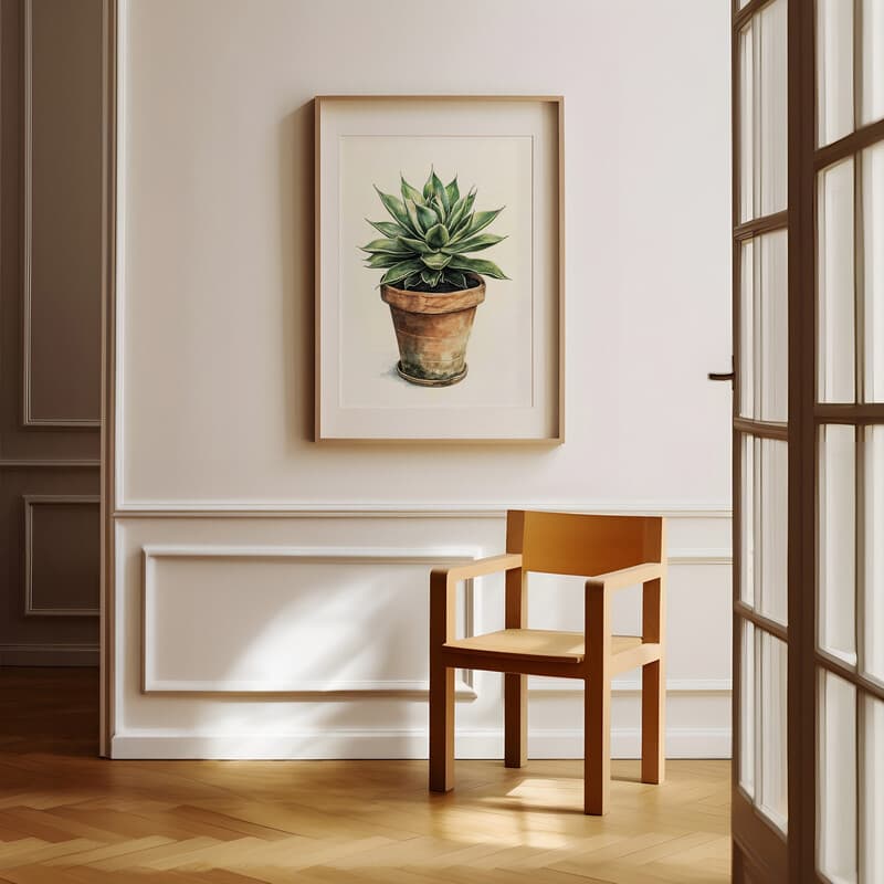 Room view with a matted frame of A botanical pastel pencil illustration, a potted plant