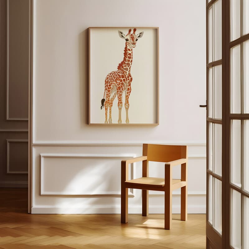 Room view with a full frame of A cute chibi anime linocut print, a giraffe