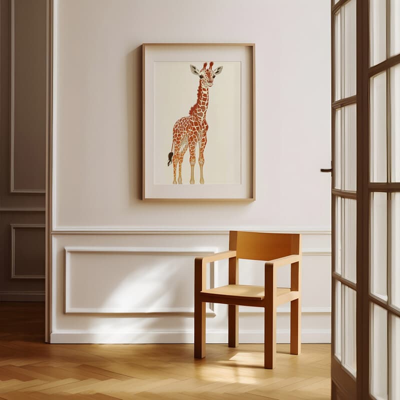 Room view with a matted frame of A cute chibi anime linocut print, a giraffe