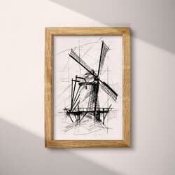 Windmill Digital Download | Landscape Wall Decor | Architecture Decor | White, Black and Gray Print | Vintage Wall Art | Living Room Art | Housewarming Digital Download | Autumn Wall Decor | Pencil Sketch