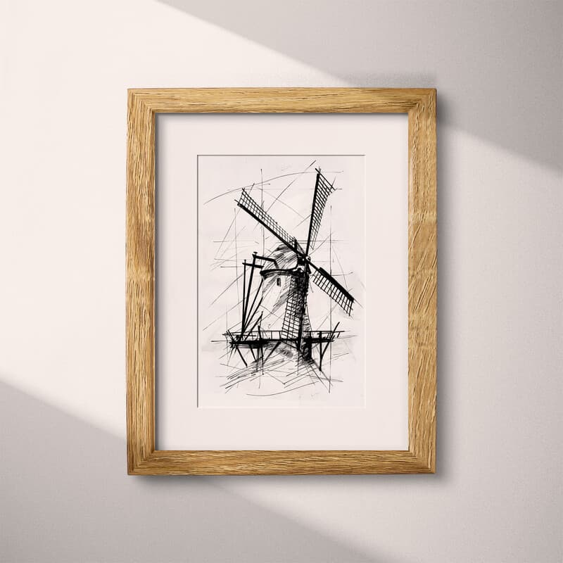 Matted frame view of A vintage pencil sketch, a windmill