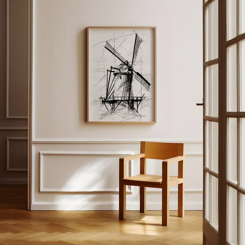 Room view with a full frame of A vintage pencil sketch, a windmill