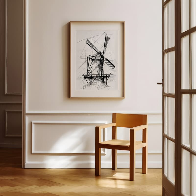 Room view with a matted frame of A vintage pencil sketch, a windmill