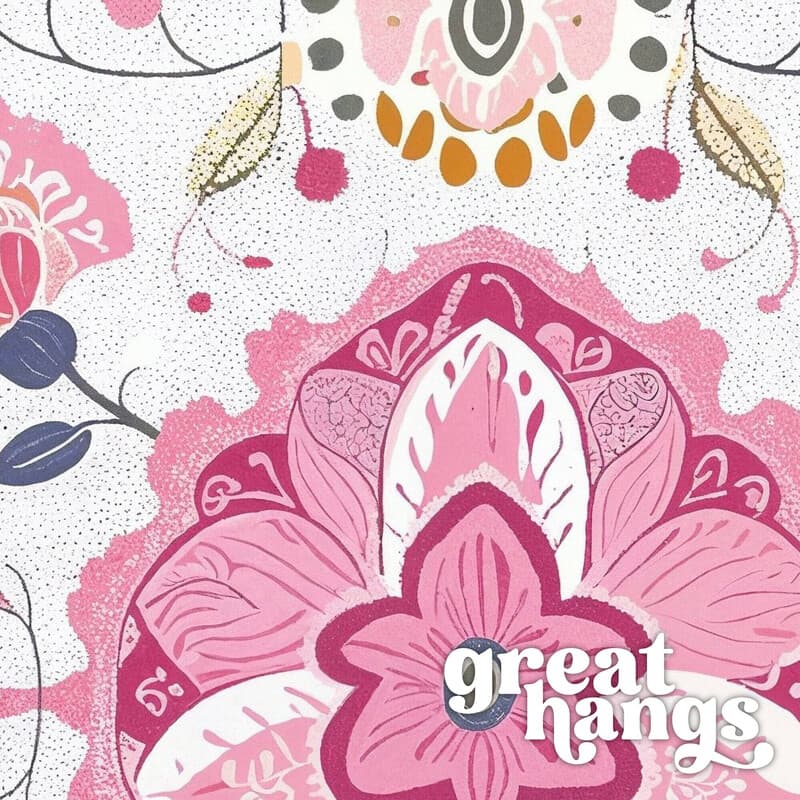 Closeup view of A maximalist textile print, symmetric intricate floral pattern
