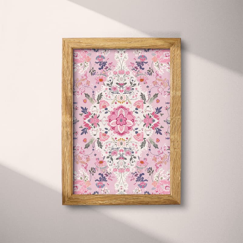 Full frame view of A maximalist textile print, symmetric intricate floral pattern