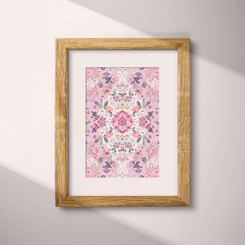 Matted frame view of A maximalist textile print, symmetric intricate floral pattern