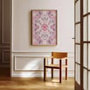 Room view with a full frame of A maximalist textile print, symmetric intricate floral pattern