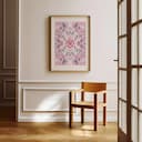 Room view with a matted frame of A maximalist textile print, symmetric intricate floral pattern