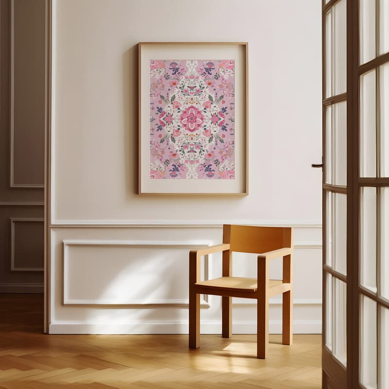 Room view with a matted frame of A maximalist textile print, symmetric intricate floral pattern