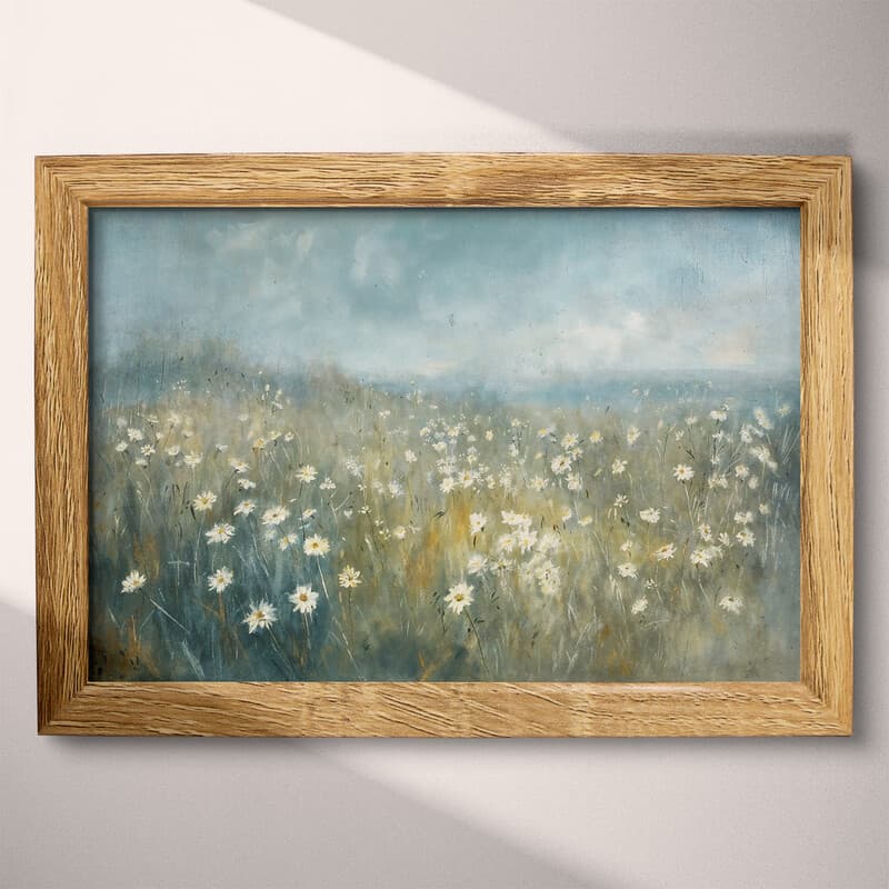 Full frame view of An impressionist oil painting, daisy meadow, gray-blue sky