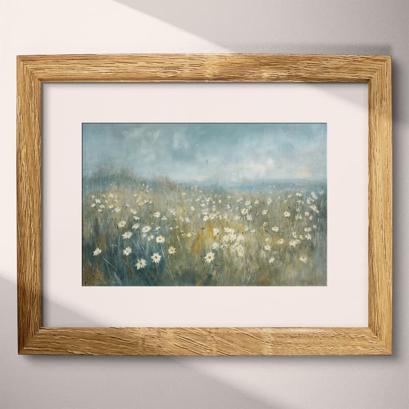 Matted frame view of An impressionist oil painting, daisy meadow, gray-blue sky