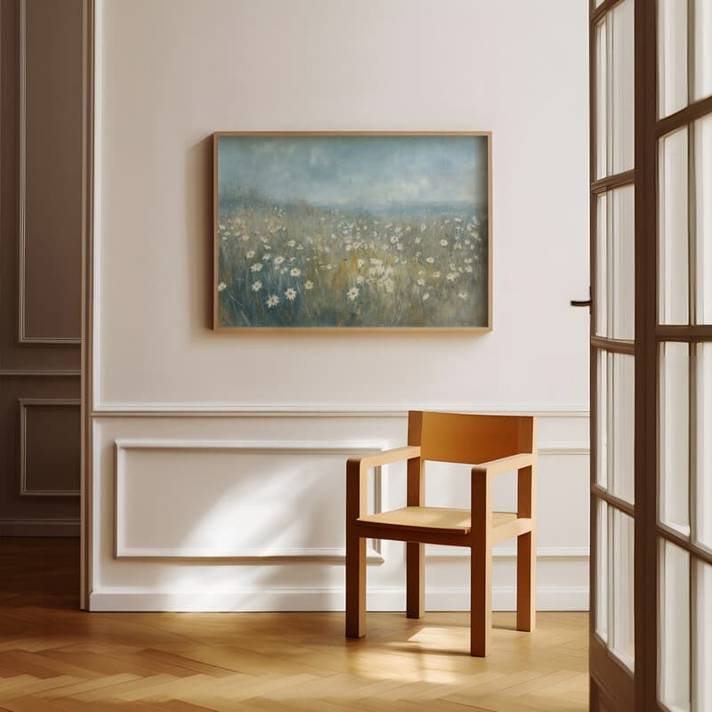 Room view with a full frame of An impressionist oil painting, daisy meadow, gray-blue sky