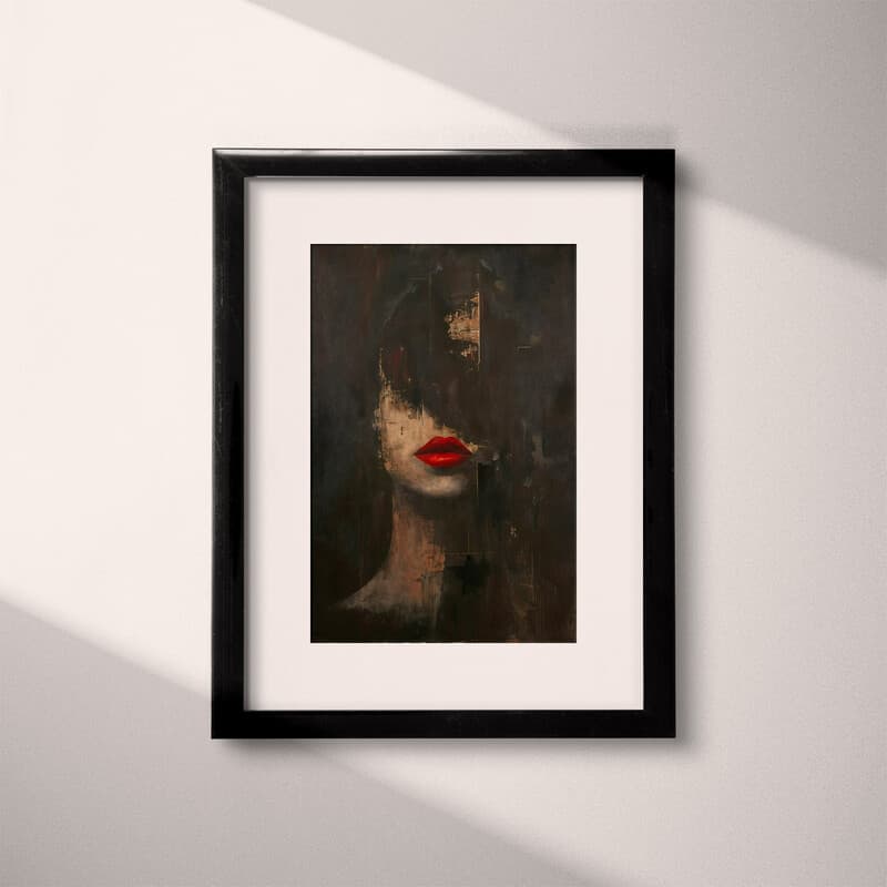 Matted frame view of An abstract vintage oil painting, portrait of a woman with red lips