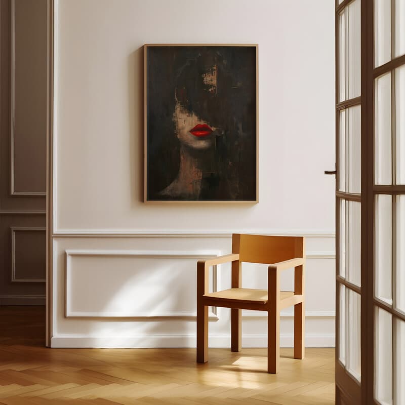 Room view with a full frame of An abstract vintage oil painting, portrait of a woman with red lips