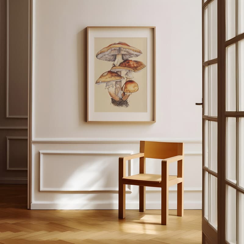 Room view with a matted frame of An art deco pastel pencil illustration, mushrooms