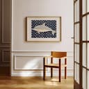 Room view with a matted frame of A cute simple illustration with simple shapes, a dolphin
