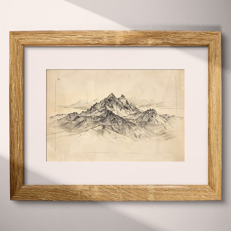 Matted frame view of A japandi graphite sketch, a mountain range
